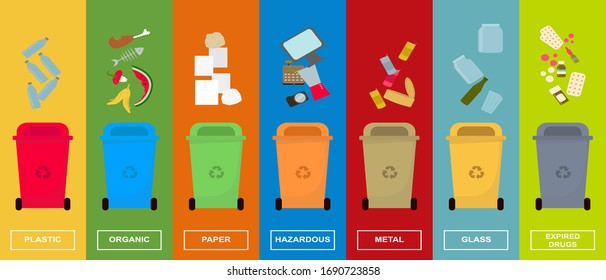 Waste sorting concept. Colorful dustbins for various kinds of sorted garbage set, vector illustration