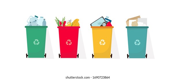 Waste sorting concept. Colorful trash bins with plastic, organic, paper and technological garbage on white background