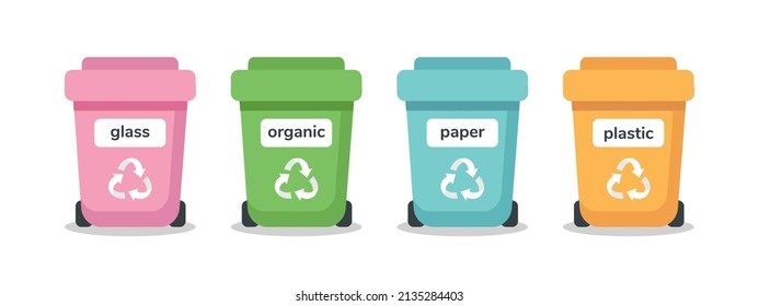 Concepto de clasificación de desechos. Diferentes papeleras de basura coloridas. Reciclaje, manejo de residuos, ecología, sustentabilidad. Ilustración vectorial de estilo plano aislada en blanco.