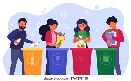 Waste sorting concept. Happy people putting plastic, glass, bio and paper garbage into different dumpsters. Vector illustration for environment protection and recycling topics