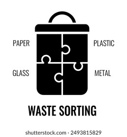 Waste sorting concept icon isolated on white background. Dust bin silhouette with jigsaw puzzle pieces.