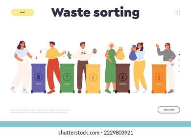 Waste sorting concept of landing page with people collecting plastic, paper and glass trash in recycling containers. Women and men taking out the garbage. Flat cartoon vector illustration