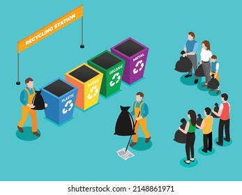 Waste sorting concept for recycling - People putting different rubbish into different bins isometric 3d vector illustration concept