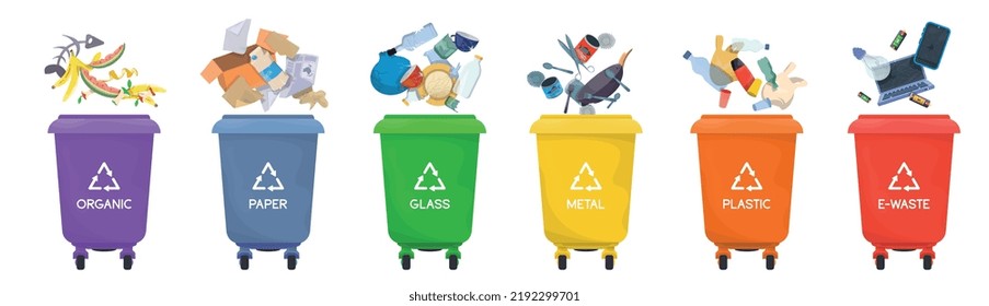 Waste sorting concept. Waste segregation. Recycling bins. Trashcans. Bins for plastic, e-waste, glass, organic, metal. paper. Eco friendly. Environment protection.