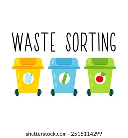 Clasificación de residuos. Contenedores para la clasificación de residuos. Basura. Anuncio para la campaña ecológica moderna. Concepto de protección ambiental. Ilustración en estilo plano. 
