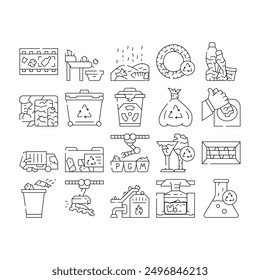 Waste Sorting Conveyor Equipment Icons Set Vector. Chemical Hazardous, Technique And Organic Waste Sorting, Transportation, Recycling And Incineration. Trash Container Bag Black Contour Illustrations