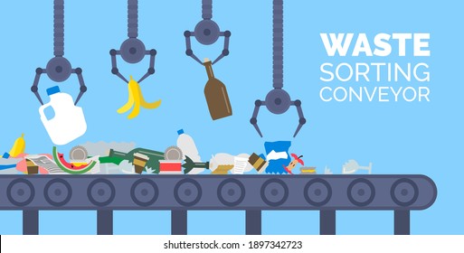 waste sorting conveyor garbage recycling robotic arms automation process vector illustration