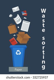 Waste sorting, flat style, vector illustration. Paper, box, envelope, book.