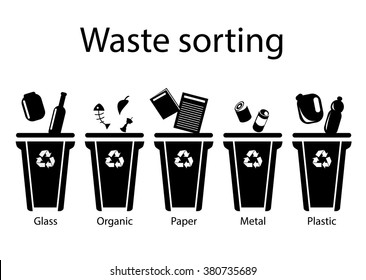 Waste sorting, flat style, vector illustration. Black icons on a white background