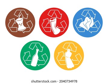 Waste sorting, garbadge separation icons set - dumpster marking stickers with recycling signs - glass, plastic, metal, paper, organic waste - vector collection