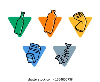 Waste sorting and garbadge  separation pictogram set - dumpster marking stickers - glass, plastic, metal, paper, organic waste - vector collection - Shutterstock ID 1854850939