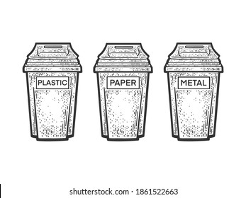 Waste sorting garbage bins trash cans sketch engraving vector illustration. T-shirt apparel print design. Scratch board imitation. Black and white hand drawn image.