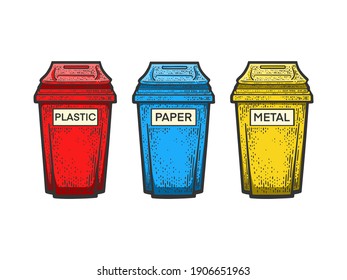 Waste sorting garbage bins trash cans color sketch engraving vector illustration. T-shirt apparel print design. Scratch board imitation. Black and white hand drawn image.