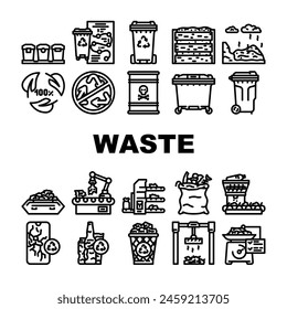 waste sorting garbage plastic icons set vector. recycle trash, can glass, metal paper, container bottle, food reuse waste sorting garbage plastic black contour illustrations