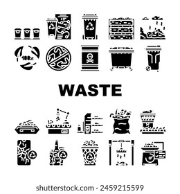 Vector Reciclar basura, vidrio, papel de metal, botella de contenedores, reutilización de alimentos, clasificación de residuos de basura, Ilustraciones de pictogramas de glifo de plástico