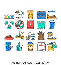 waste sorting garbage plastic icons set vector. recycle trash, can glass, metal paper, container bottle, food reuse waste sorting garbage plastic color Contour Illustrations