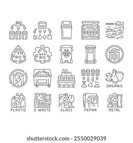 waste sorting garbage plastic icons set vector. trash paper, glass can, metal container, bottle sort, food reuse, segregation bin waste sorting garbage plastic black contour illustrations