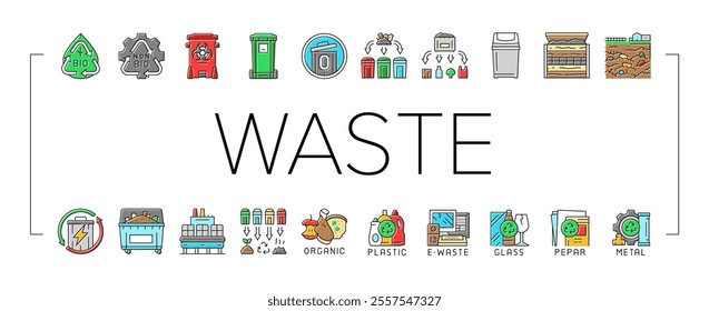 waste sorting garbage plastic icons set vector. trash paper, glass can, metal container, bottle sort, food reuse, segregation bin waste sorting garbage plastic color line illustrations