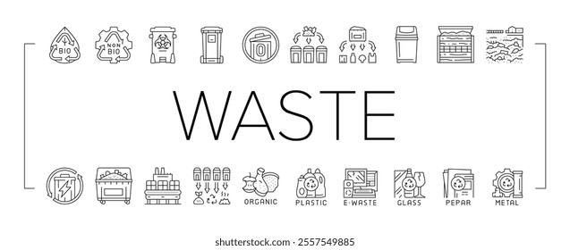 waste sorting garbage plastic icons set vector. trash paper, glass can, metal container, bottle sort, food reuse, segregation bin waste sorting garbage plastic black contour illustrations