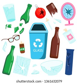 Waste sorting. Glass garbage. Bottles, mirror, broken things and other trash icons.