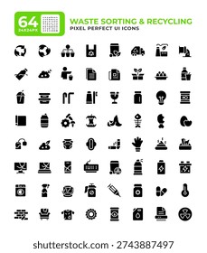 Waste sorting glyph essential ui icon set. Garbage recycling service. Management of litter. Disambiguation. Black solid symbols vector iconset. User interface flat elements collection, pixel perfect