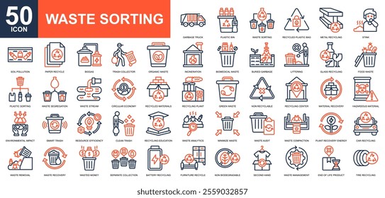 Waste Sorting icon collection set. Waste management, waste disposal, pollution, waste treatment, eco service icon. Simple line color vector.