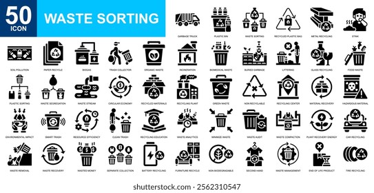 Waste Sorting icon collection set. Waste management, waste disposal, pollution, waste treatment, eco service icon. Simple glyph vector.