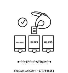 Waste sorting icon. Han putting paper in trash container linear pictogram. Concept of recycling, garbage sorting and environment friendly consumption. Editable stroke vector instructive illustration