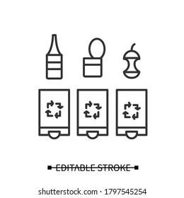 Waste sorting icon. Recyclable materials with labeled trash containers linear pictogram. Recycling glass, metal package and food waste concept. Editable stroke vector instructive illustration