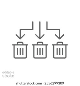 Waste Sorting icon. Simple outline style. Waste segregation, sorting garbage by material, bin, trash with arrow separate concept. Thin line symbol. Vector illustration isolated. Editable stroke.