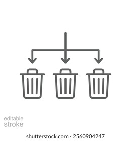 Waste Sorting icon. Simple outline style. Waste segregation, sorting garbage by material, bin, trash with arrow separate concept. Thin line symbol. Vector illustration isolated. Editable stroke.