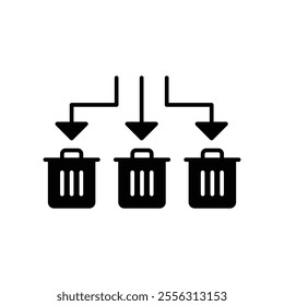 Waste Sorting icon. Simple solid style. Waste segregation, sorting garbage by material, bin, trash with arrow separate concept. Black silhouette, glyph symbol. Vector illustration isolated.