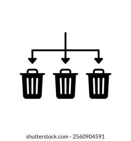 Waste Sorting icon. Simple solid style. Waste segregation, sorting garbage by material, bin, trash with arrow separate concept. Black silhouette, glyph symbol. Vector illustration isolated.