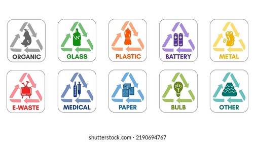 Waste sorting icon vector set. Organic, glass, plastic, metal and paper garbadge collection. Recycling stickers illustration.