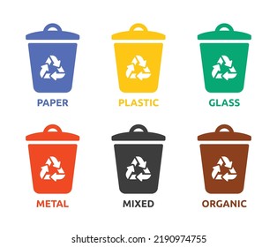 Waste sorting icon vector set illustration. Symbol of separate bin, trash can and disposal container for recycling garbage.