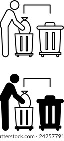Iconos de clasificación de residuos. Iconos vectoriales en blanco y negro. Hombre metiendo basura en cierto basurero. Concepto de Ecología y Protección Ambiental