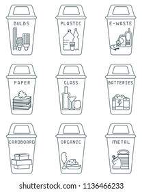 Waste sorting icons set with dustbins and trash. Linear style vector illustration