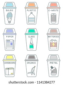 Waste sorting icons set with dustbins and trash. Linear style vector illustration