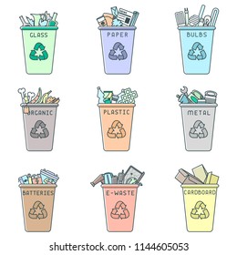 Waste sorting icons set with dustbins and trash. Linear style vector illustration