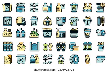 Iconos de clasificación de residuos establecen el vector de contorno. Ordenación de la basura. Ordenar el color delgado de la línea de basura en blanco