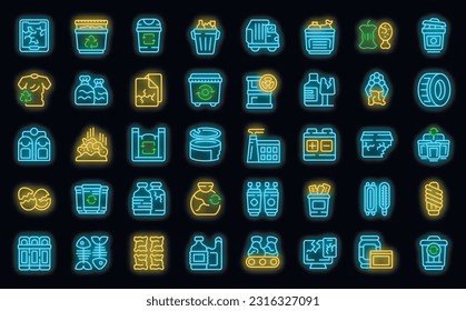 Iconos de clasificación de residuos establecen el vector de contorno. Ordenación de la basura. Ordenar el color de neón de basura en negro