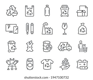 Waste Sorting Icons Set. Such as Garbage Truck, Garbage Can, Clothes, Battery, Food Waste, Glass, Household Appliances, Plastic, Paper and other. Editable vector stroke.