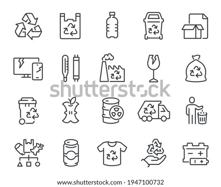 Waste Sorting Icons Set. Such as Garbage Truck, Garbage Can, Clothes, Battery, Food Waste, Glass, Household Appliances, Plastic, Paper and other. Editable vector stroke.