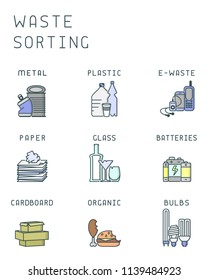 Waste sorting icons set with trash. Linear style vector illustration
