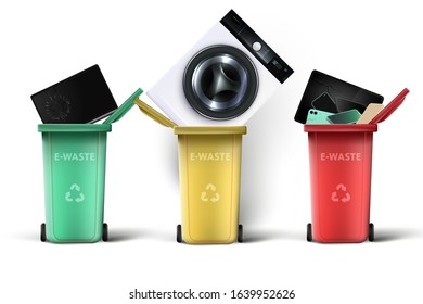 Waste sorting illustration concept. E-waste garbage containers with different broken thrown out electronic devices