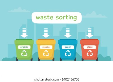 Waste sorting illustration with different colorful garbage bins with lettering, concept illustration for recycling, waste management, ecology, sustainability. Vector illustration in flat style