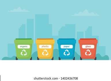 Waste sorting illustration with different colorful garbage bins, concept illustration for recycling, waste management, ecology, sustainability. Vector illustration in flat style