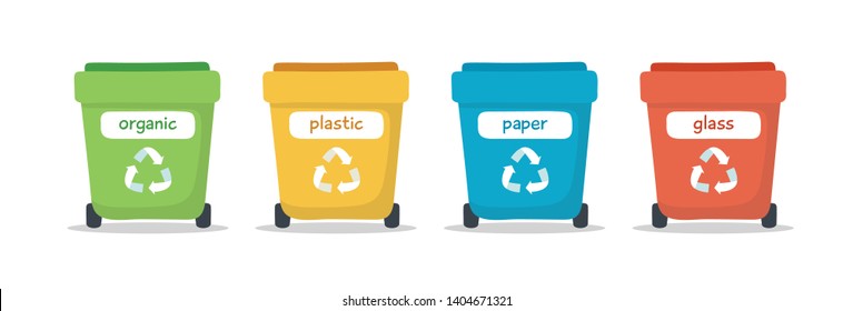 Waste sorting illustration with different colorful garbage bins isolated, concept illustration for recycling, waste management, ecology, sustainability. Vector illustration in flat style