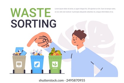 Waste sorting illustration man sorting trash into labeled bins for e-waste plastic and organic colorful bins hand pointing large leaf background