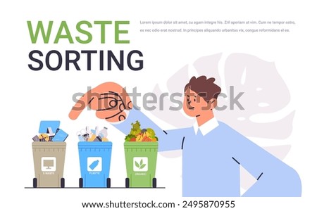 Waste sorting illustration man sorting trash into labeled bins for e-waste plastic and organic colorful bins hand pointing large leaf background